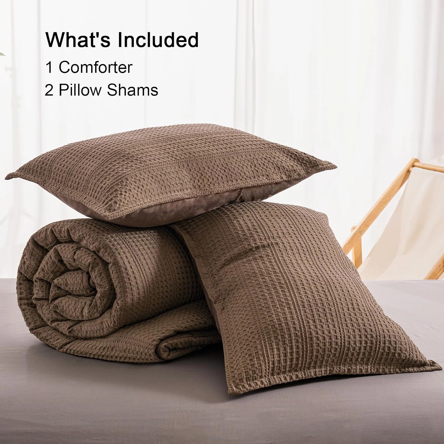 PHF Soft Waffle Comforter Set Queen Size- Comfy Breathable Waffle Weave Comforter with 2 Pillow Shams, 3 Pieces No Snagging Lightweight Bedding Set for All Season, Cocoa Brown