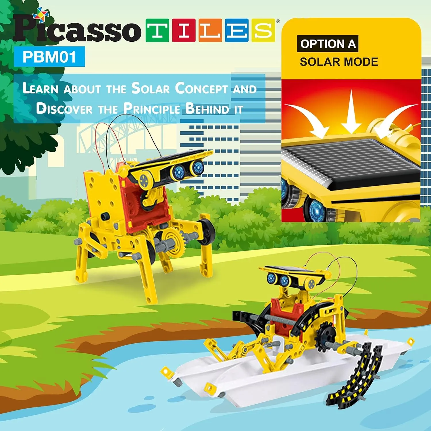 PicassoTiles STEM Kids Solar Powered Transform Robot Educational Learning Engineering Building Toy 12-in-1 Creative Unique Transformation Renewable Energy Science Experiment DIY Kit Boy Girl Age 8 