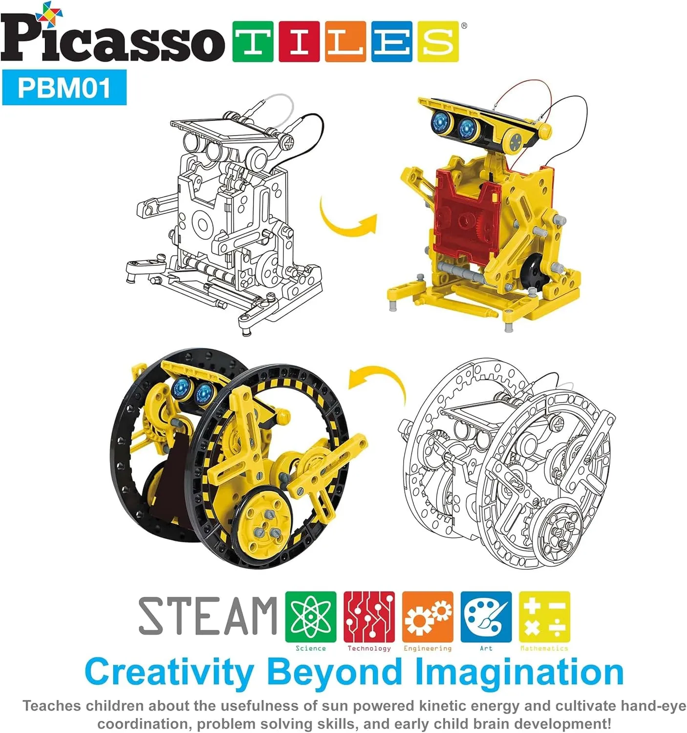 PicassoTiles STEM Kids Solar Powered Transform Robot Educational Learning Engineering Building Toy 12-in-1 Creative Unique Transformation Renewable Energy Science Experiment DIY Kit Boy Girl Age 8 