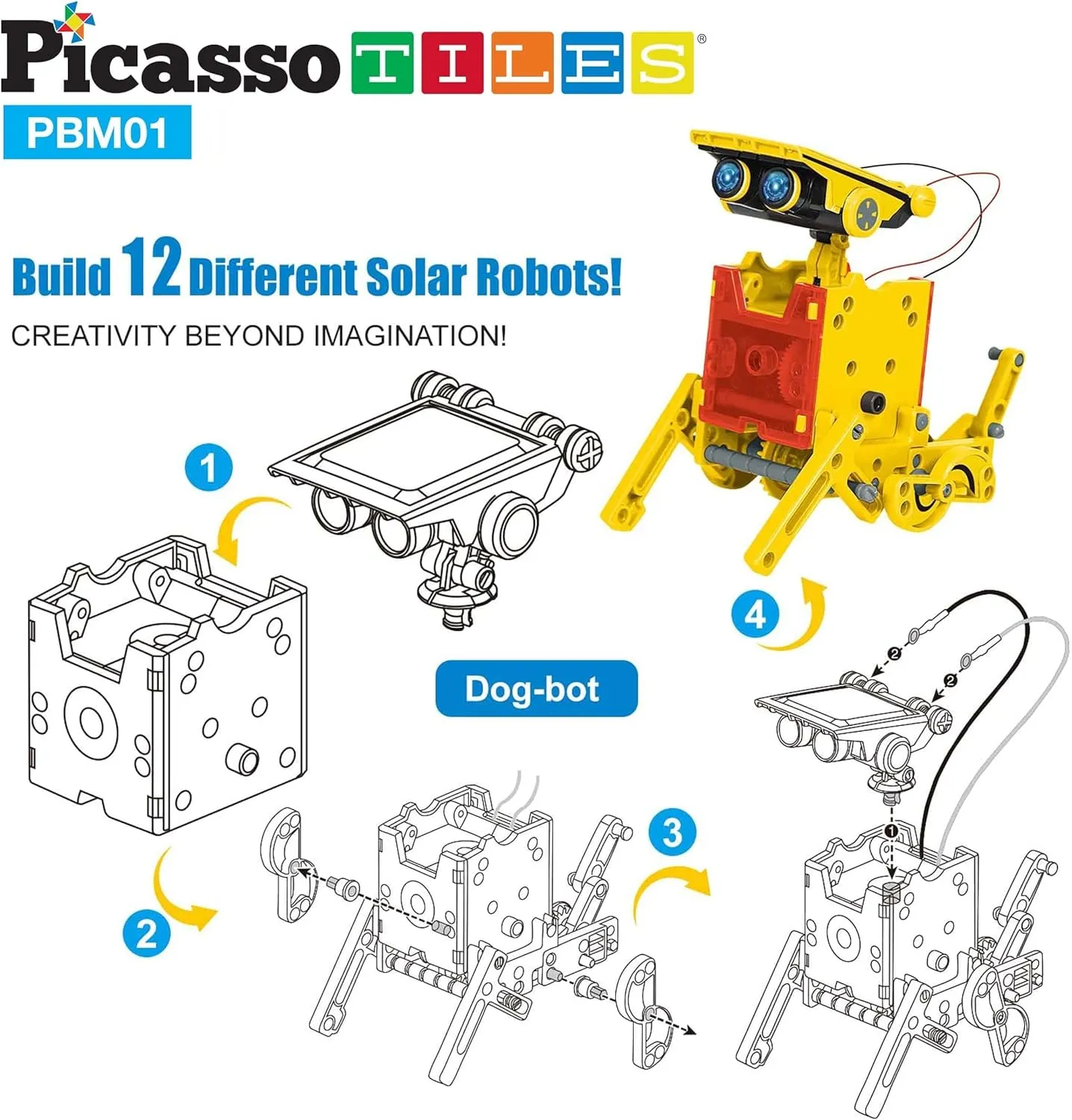 PicassoTiles STEM Kids Solar Powered Transform Robot Educational Learning Engineering Building Toy 12-in-1 Creative Unique Transformation Renewable Energy Science Experiment DIY Kit Boy Girl Age 8 