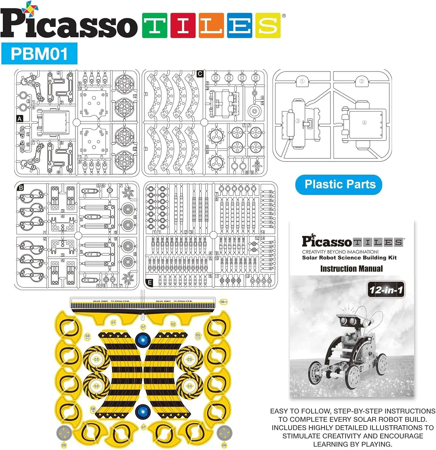 PicassoTiles STEM Kids Solar Powered Transform Robot Educational Learning Engineering Building Toy 12-in-1 Creative Unique Transformation Renewable Energy Science Experiment DIY Kit Boy Girl Age 8 