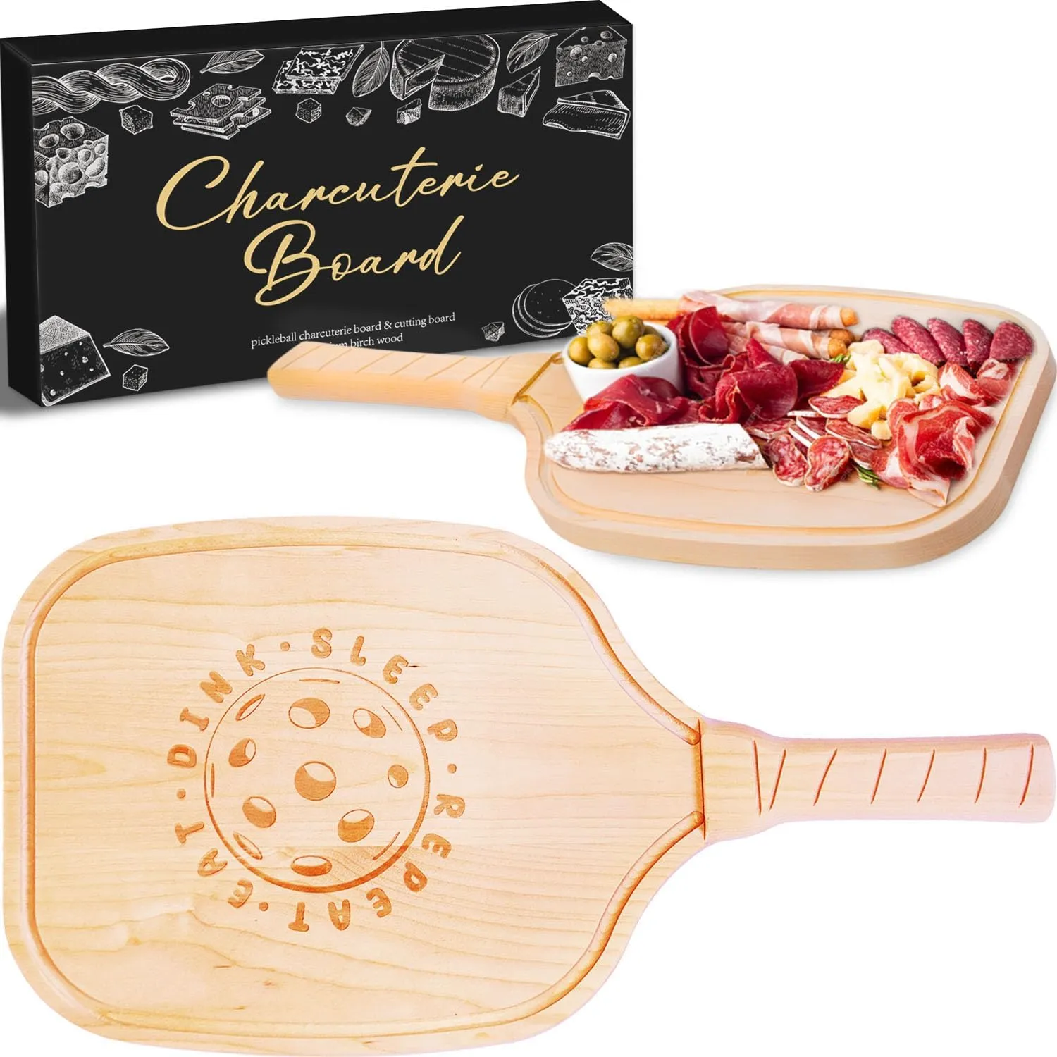 Pickleball Charcuterie Cutting Boards and Platter - The Perfect Pickleball Gift for Men and Women, 17" x 8.5" x 0.75" Pickleball Platter, Handcrafted Birch Wood with Paddle Shape and Built-in Handle