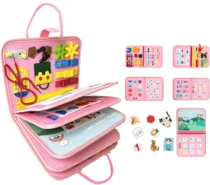 Pink Toddler Busy Board Montessori Toys for 1-3 Year Old Girl Birthday, Educational Activities Developing Sensory Board with Life Skill, Travel Toys for Plane Car