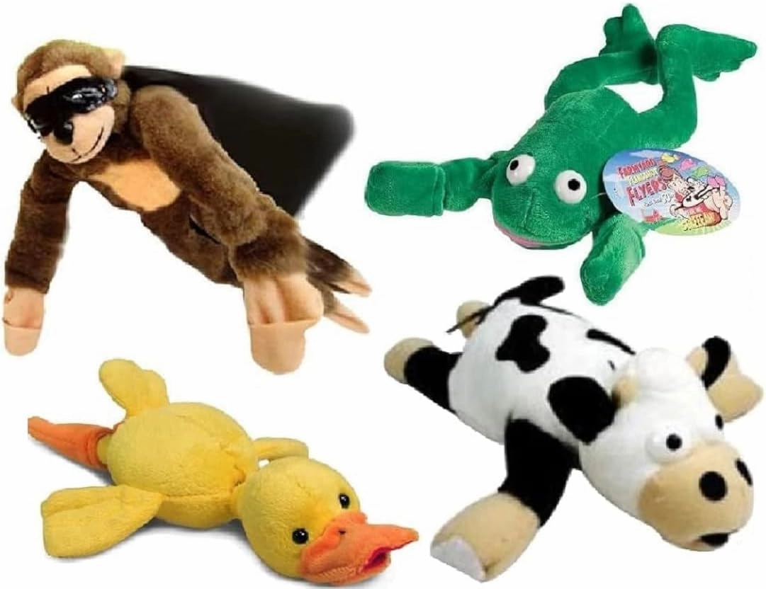 Playmaker Toys - Flying Screaming Flingshot Slingshot Novelty Complete Set of 4 Plush Doll Toy, Launches up to 50 Feet