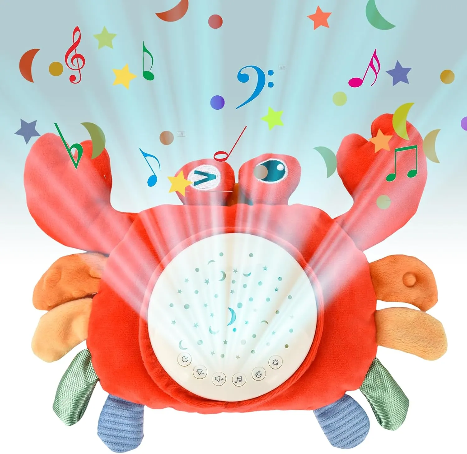 Plush Crab Stuffed Animal Sensory Toys, with Music, Star Projector and Mirror for Babies and Toddlers