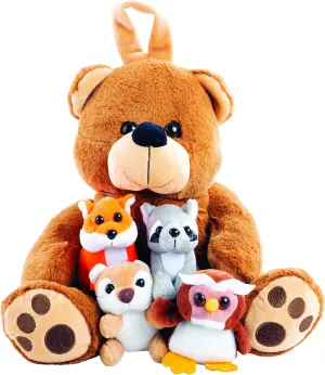 Plush Large Bear Carrier with 4 Mini Plush Animal Sound Toys | Plush Animal Toy Baby Gift | Toddler Gift (Bear Carrier with Animals)