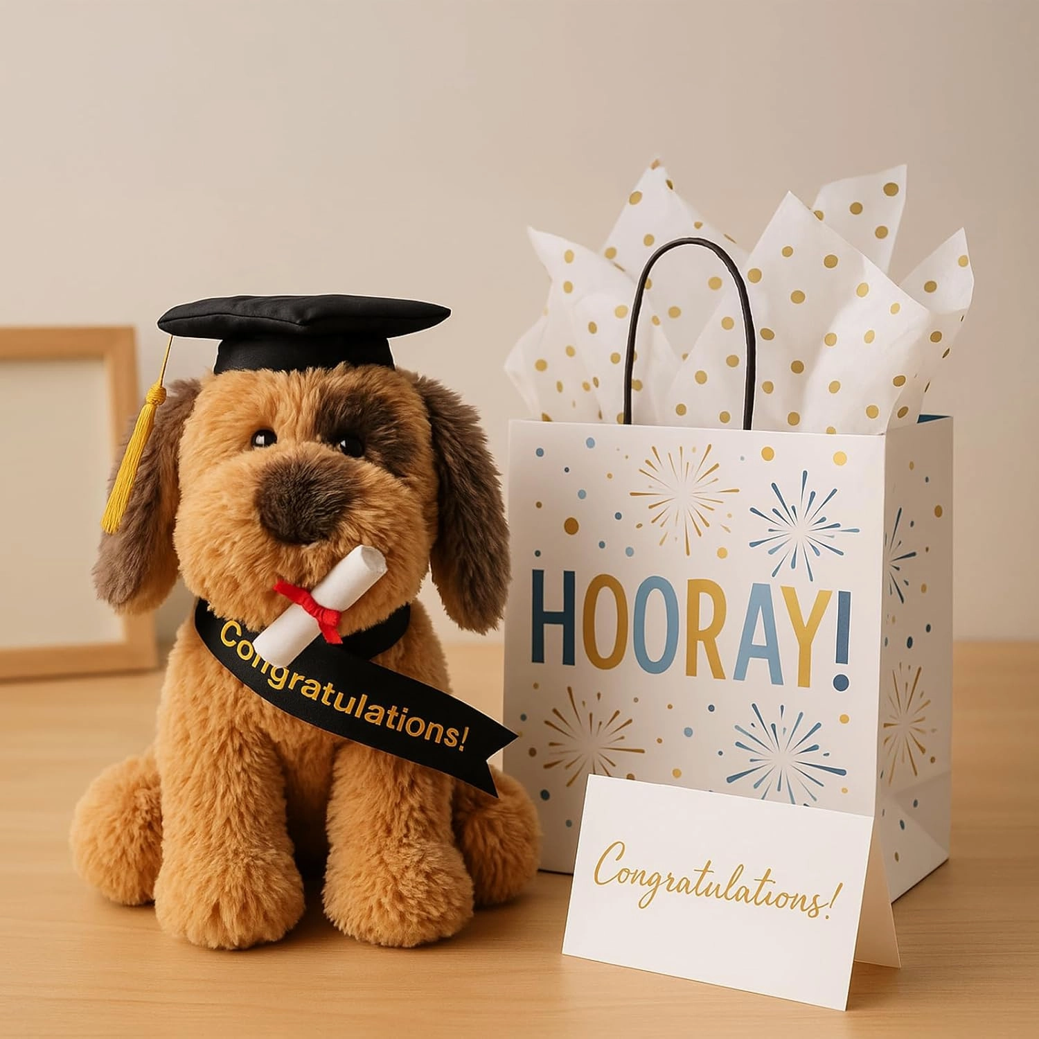 Plush Dog Puppy Stuffed Animal with Graduation Doctoral Tam Velvet Gold Bullion Tassel Diploma for Man Women Girls Boys Graduation Congratulatory Party Gifts, 12 inches