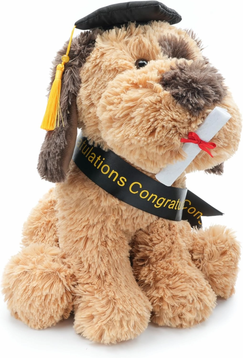 Plush Dog Puppy Stuffed Animal with Graduation Doctoral Tam Velvet Gold Bullion Tassel Diploma for Man Women Girls Boys Graduation Congratulatory Party Gifts, 12 inches