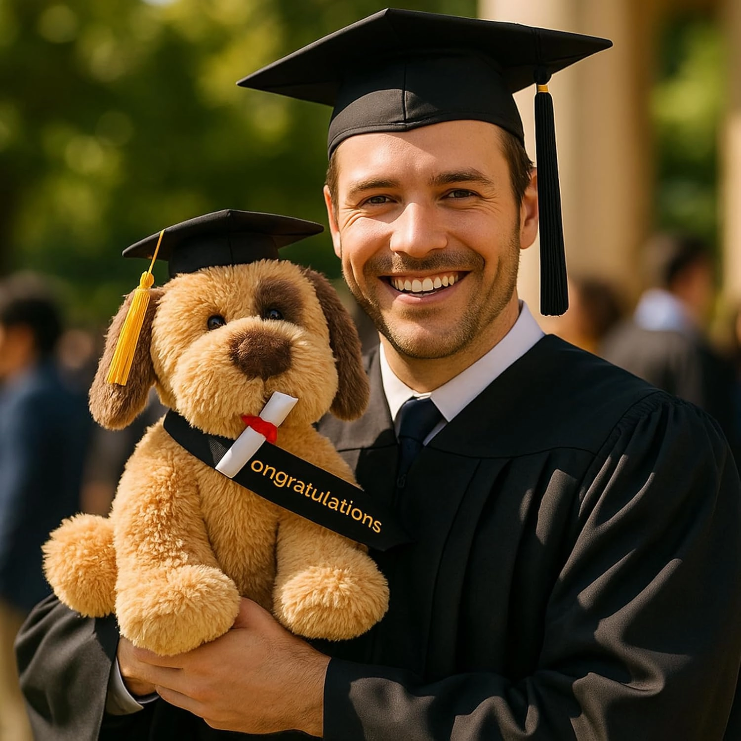 Plush Dog Puppy Stuffed Animal with Graduation Doctoral Tam Velvet Gold Bullion Tassel Diploma for Man Women Girls Boys Graduation Congratulatory Party Gifts, 12 inches