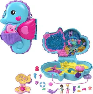 Polly Pocket - Seahorse Bag 2-in-1 Playset Polly and Shani Dolls Animals & 13 Accessories Included Make a Wear Bag Toy for Kids 4  Years HWP03