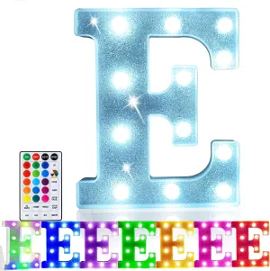 Pooqla Colorful Light Up Letters, Led Letter Lights Marquee Letter Signs Battery Powered, 18 Colors Letter Lamp with Remote for Birthday Party Wedding Home Bar Christmas Decorations, Glitter Silver E