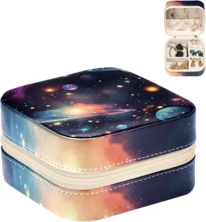 Portable Travel Mini Jewelry Box Space Stars Universe Cosmic Small Jewelry Case for Women Leather Ring Organizer