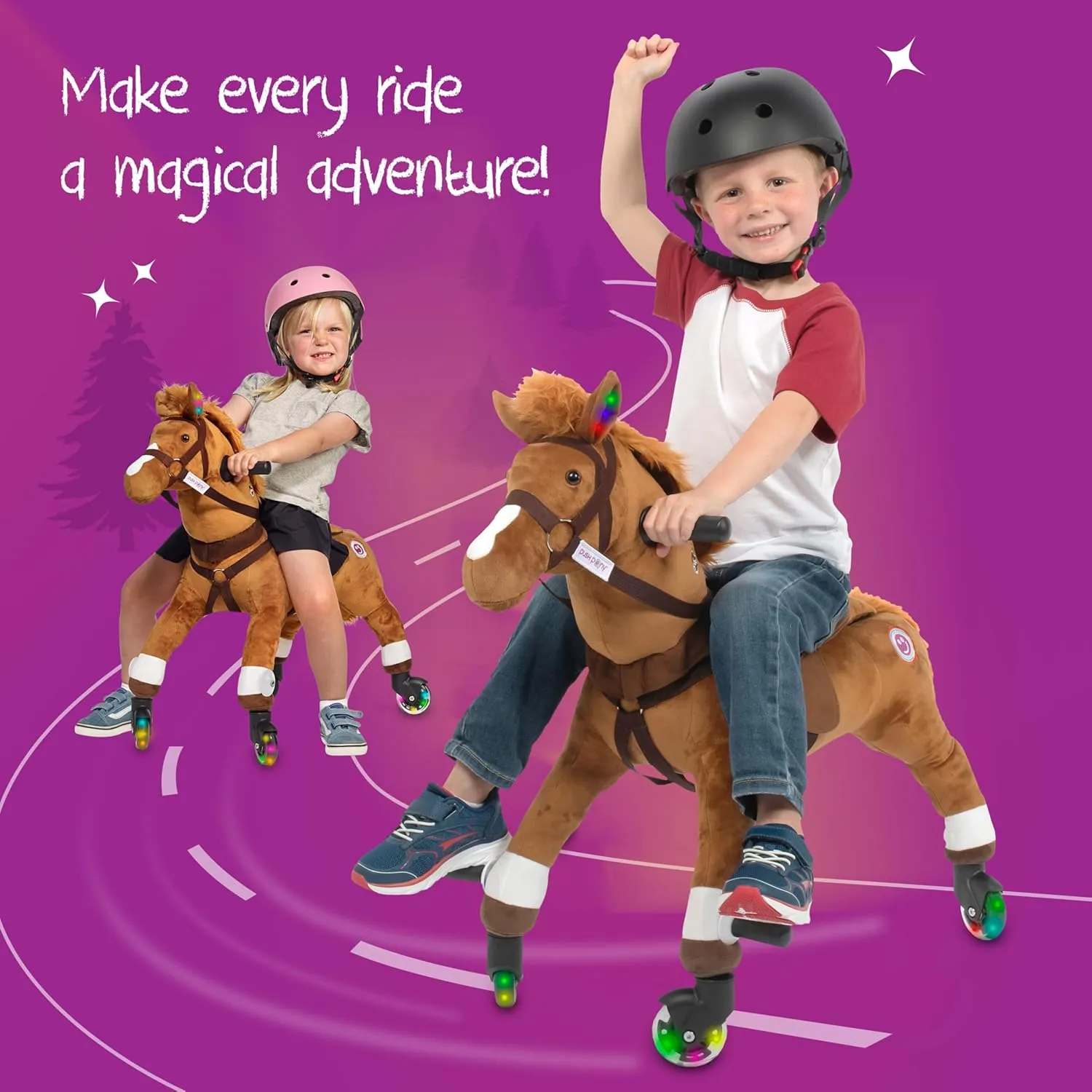 Power Pony Ride On Toy for 2  Kids - Power Ponies Push Pull Kids Ride On Horse for Toddlers with A Removable Parent-Controlled Push Handle for Easy Rides, Brown, Champ