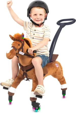 Power Pony Ride On Toy for 2  Kids - Power Ponies Push Pull Kids Ride On Horse for Toddlers with A Removable Parent-Controlled Push Handle for Easy Rides, Brown, Champ