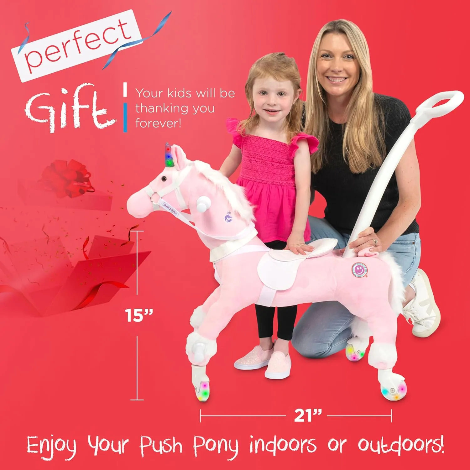 Power Pony Ride On Unicorn Riding Toy for 2  Kids - Power Ponies Push Pull Kids Ride On Pony for Toddlers with A Removable Parent - Controlled Push Handle for Easy Rides, Pink, Grace