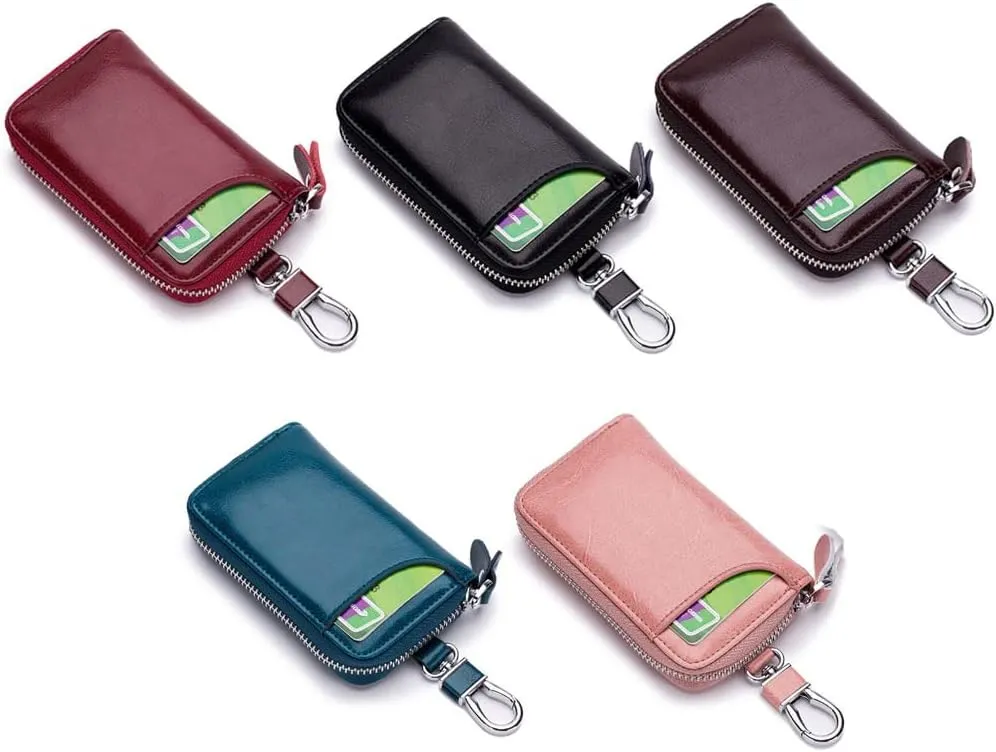Premium Leather Car Key Case Mini Car Key Holder Keyring Zipper Bag Keychain Case Wallet Purse Unisex (Red)