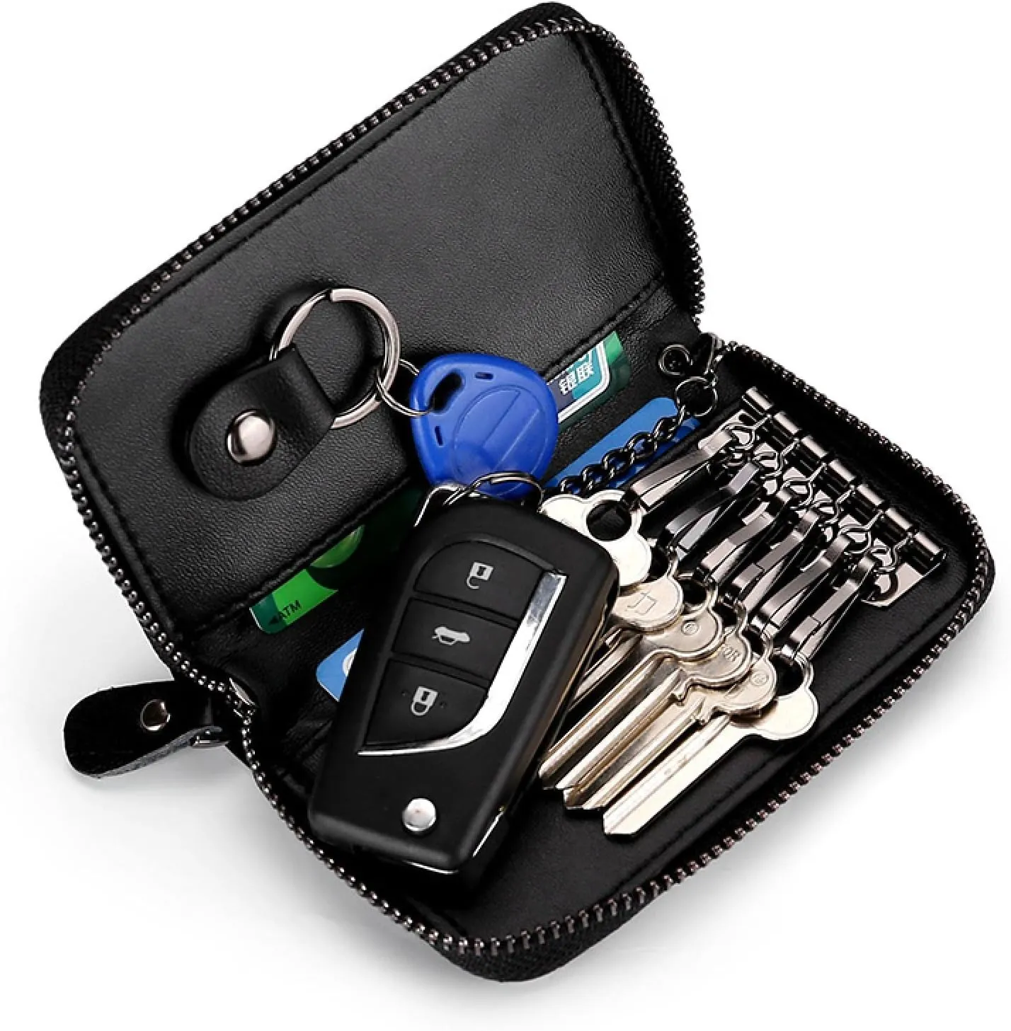 Premium Leather Car Key Case Mini Car Key Holder Keyring Zipper Bag Keychain Case Wallet Purse Unisex (Red)