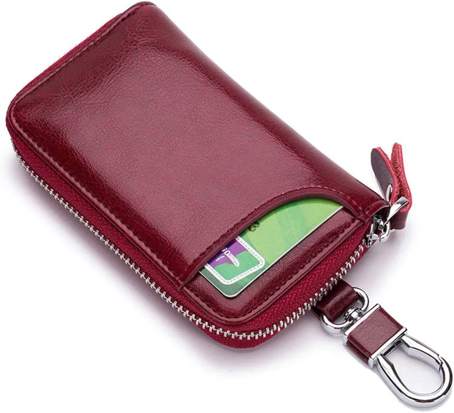 Premium Leather Car Key Case Mini Car Key Holder Keyring Zipper Bag Keychain Case Wallet Purse Unisex (Red)