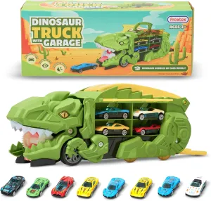Prextex Dinosaur Truck Garage - Multicolored Plastic Dino Truck with Cars - Transport Dinosaur Truck with Foldable Sliding Track Trucks for Boys - Fun Dinosaurs Toys for 3  Year Boys