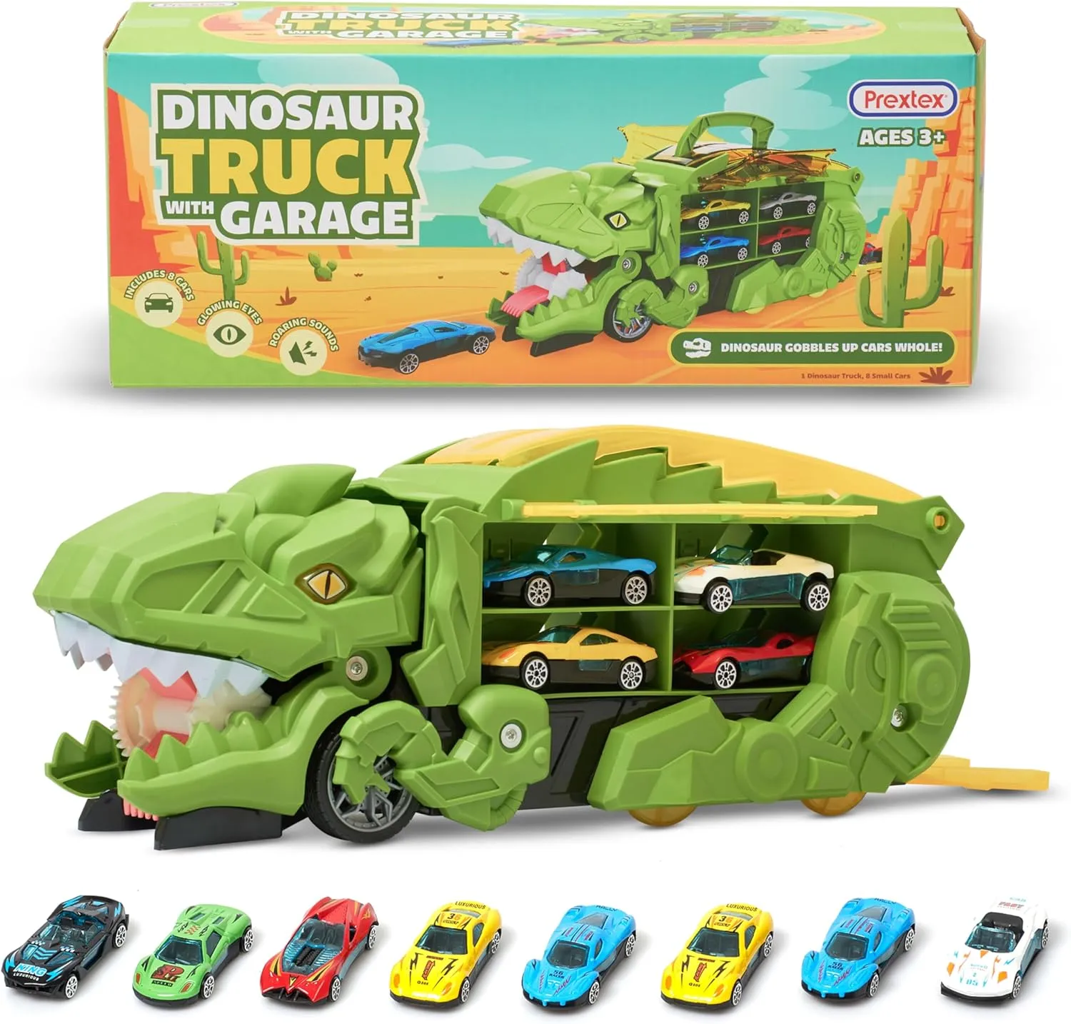 Prextex Dinosaur Truck Garage - Multicolored Plastic Dino Truck with Cars - Transport Dinosaur Truck with Foldable Sliding Track Trucks for Boys - Fun Dinosaurs Toys for 3  Year Boys