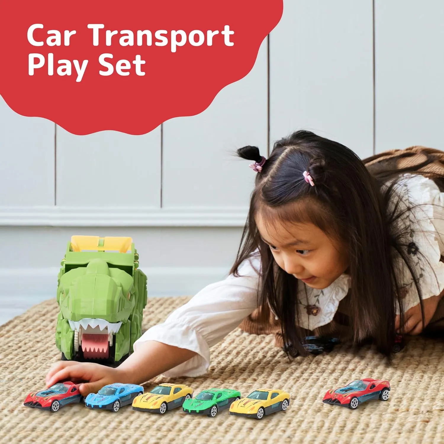 Prextex Dinosaur Truck Garage - Multicolored Plastic Dino Truck with Cars - Transport Dinosaur Truck with Foldable Sliding Track Trucks for Boys - Fun Dinosaurs Toys for 3  Year Boys
