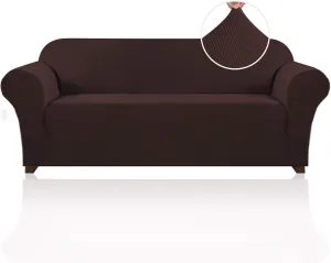 PrinceDeco Stretch Sofa Cover Slipcover Couch Covers for 3 Cushion Couch Furniture Protector Sofa Covers with Non Slip Elastic Bottom Dogs Pet Friendly Fitted (Sofa, Brown)