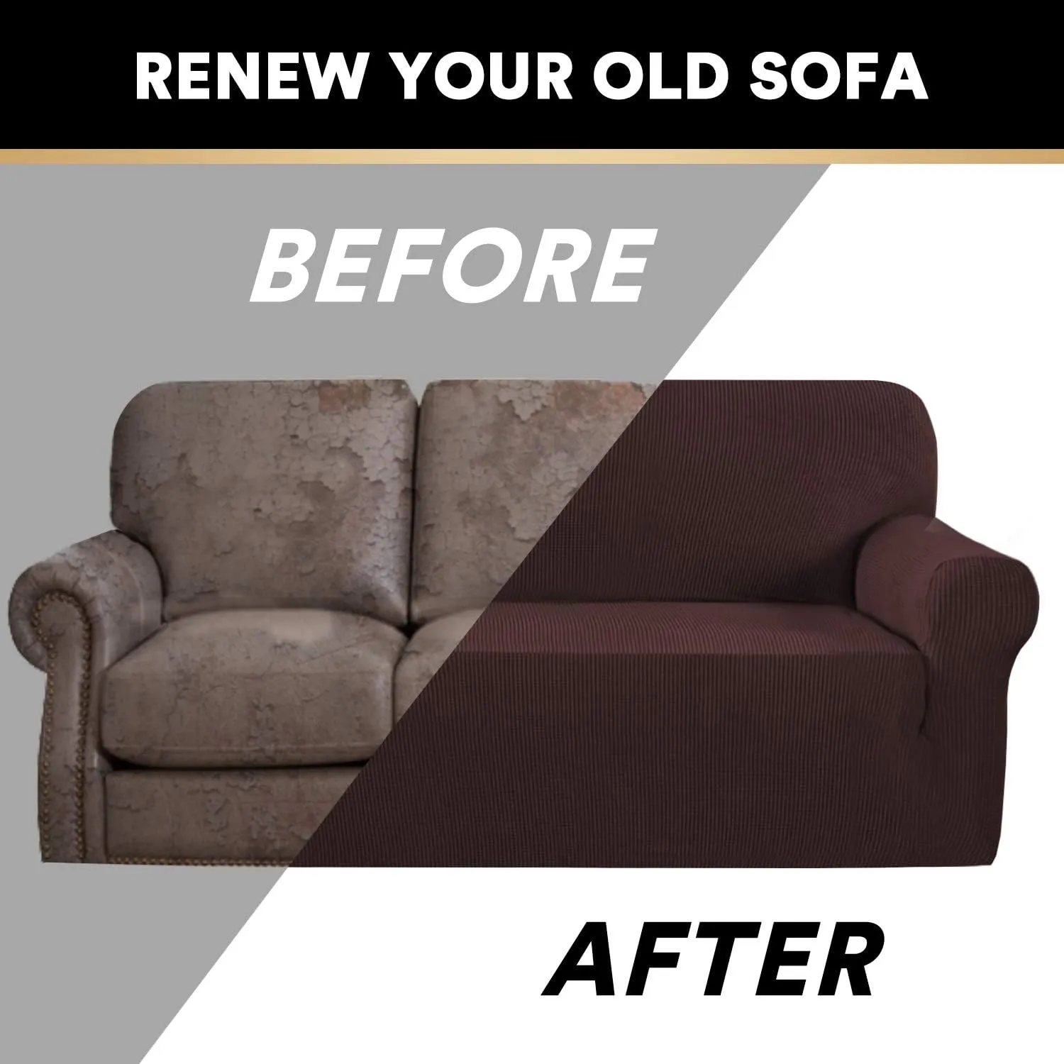 PrinceDeco Stretch Sofa Cover Slipcover Couch Covers for 3 Cushion Couch Furniture Protector Sofa Covers with Non Slip Elastic Bottom Dogs Pet Friendly Fitted (Sofa, Brown)