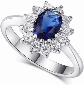 Princess Diana Inspired Blue Sapphire Ring with Cubic Zirconia Halo Engagement Ring