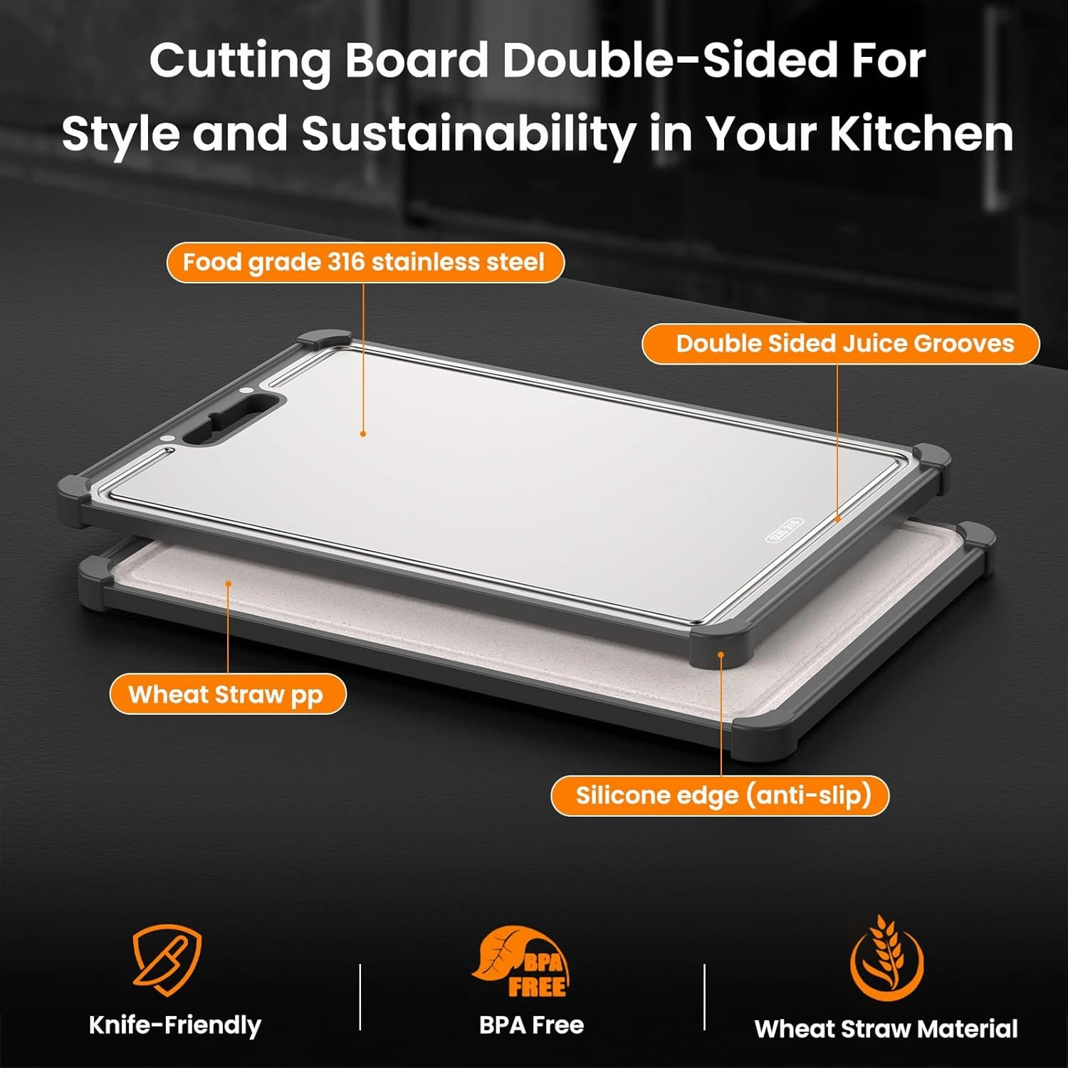 Pro 316 Stainless Steel Cutting Board for Kitchen Double Sided Non-Toxic Chopping Board with lip Premium Metal for Meat&Vegetables Healthy Organic Board Apartment & Aesthetic Kitchen Essentials