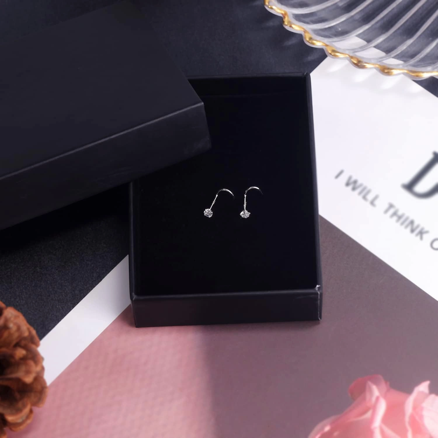 PunkTracker 20g 14K Real Gold Nose Rings CZ Simulated Diamond Nose Studs Hypoallergenic Nostril Nose Piercing Jewelry for Women Men
