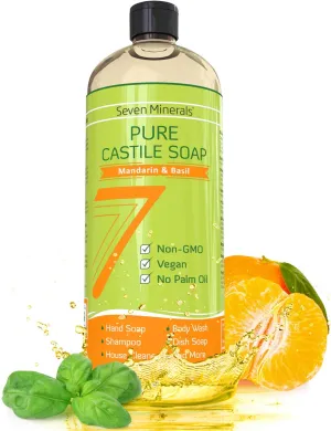 Pure Castile Soap, Mandarin Basil - No Palm Oil, GMO-Free - Gentle Liquid Soap For Sensitive Skin & Baby Wash - All Natural Vegan Formula with Organic Carrier Oils (33.8 fl oz)