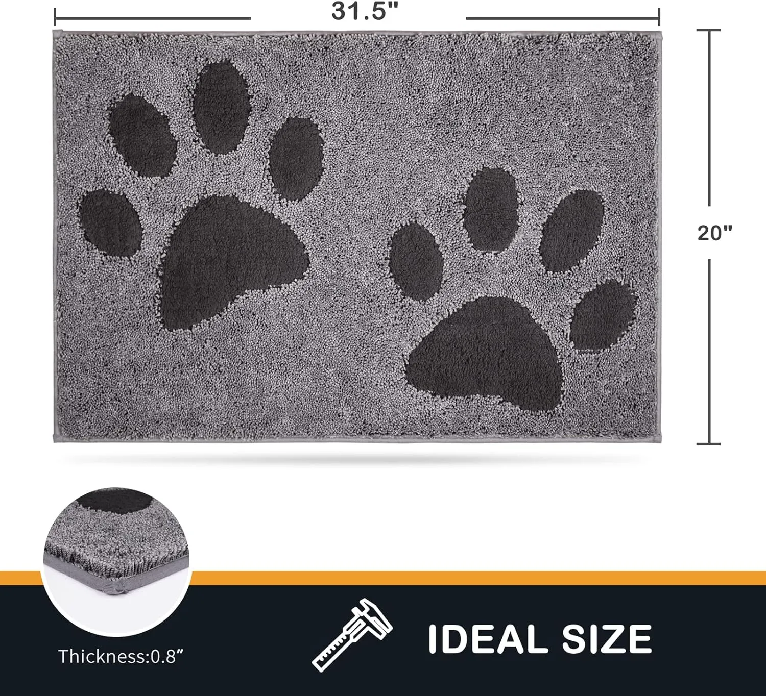 PURRUGS Dirt Trapper Door Mat 20" x 31.5", Non-Skid/Slip Machine Washable Microfiber Entryway Rug, Dog Doormat, Super Absorbent Welcome Mat for Muddy Wet Shoes and Paws, Grey