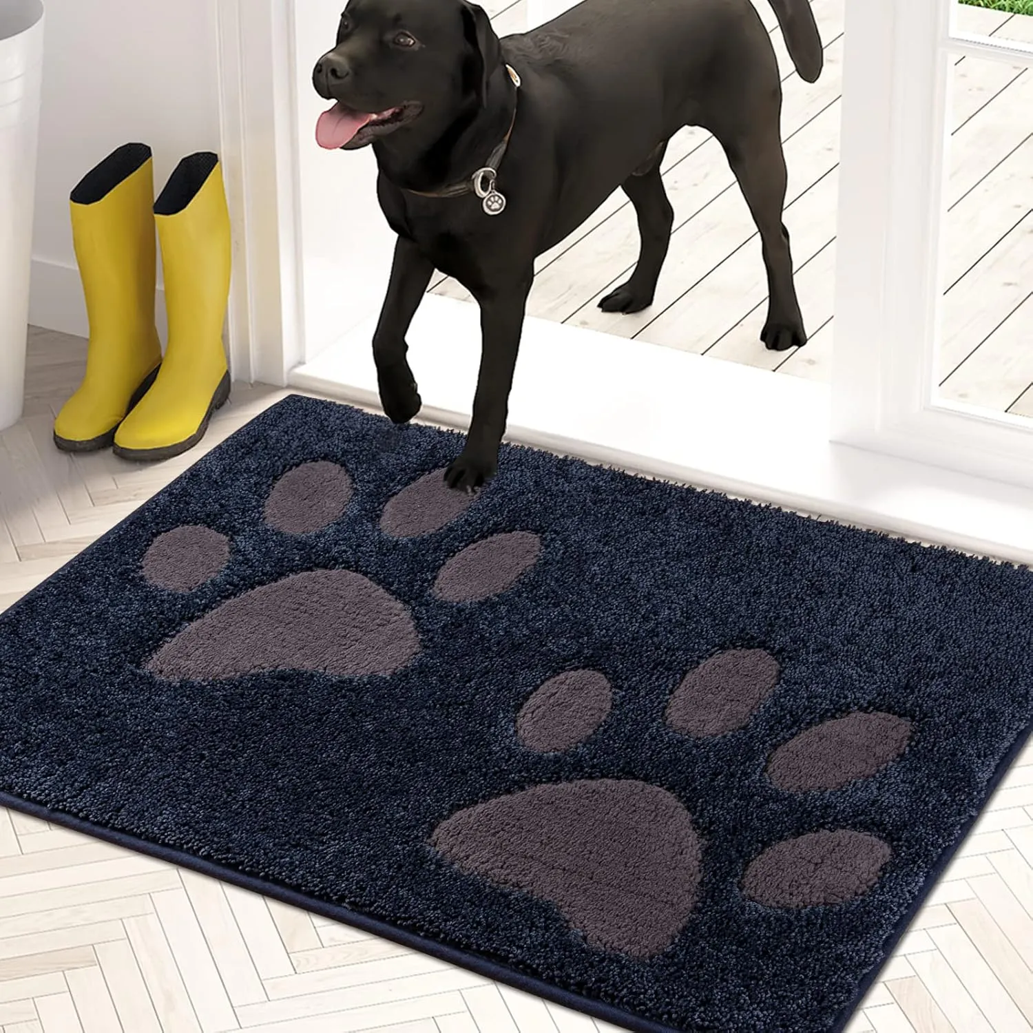 PURRUGS Dirt Trapper Door Mat 24" x 35.5", Non-Skid/Slip Machine Washable Microfiber Entryway Rug, Dog Doormat, Super Absorbent Welcome Mat for Muddy Wet Shoes and Paws, Navy Blue