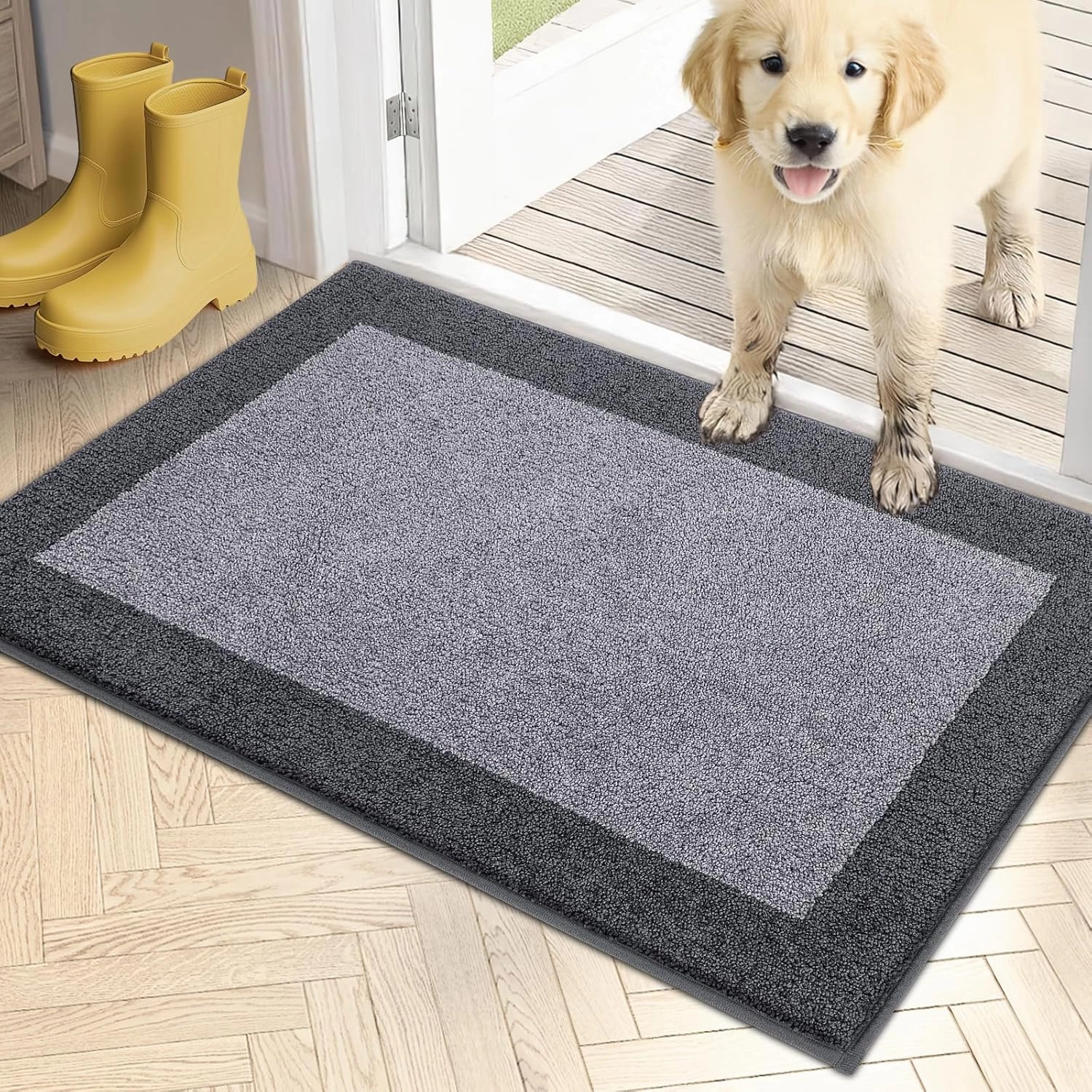 PURRUGS Dirt Trapper Door Mat 20" x 32", Non-Slip/Skid Machine Washable Entryway Rug, Shoes Scraper, Throw Rug, Super Absorbent Area Rug for Muddy Wet Shoes and Paws, Light Grey & Grey