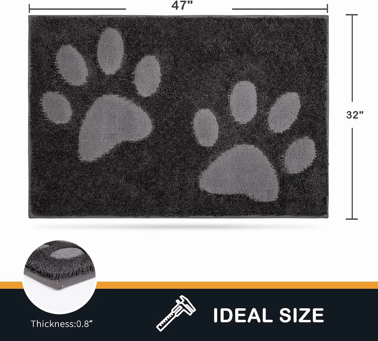 PURRUGS Dirt Trapper Door Mat 32" x 47", Non-Skid/Slip Machine Washable Microfiber Entryway Rug, Dog Doormat, Super Absorbent Welcome Mat for Muddy Wet Shoes and Paws, Charcoal