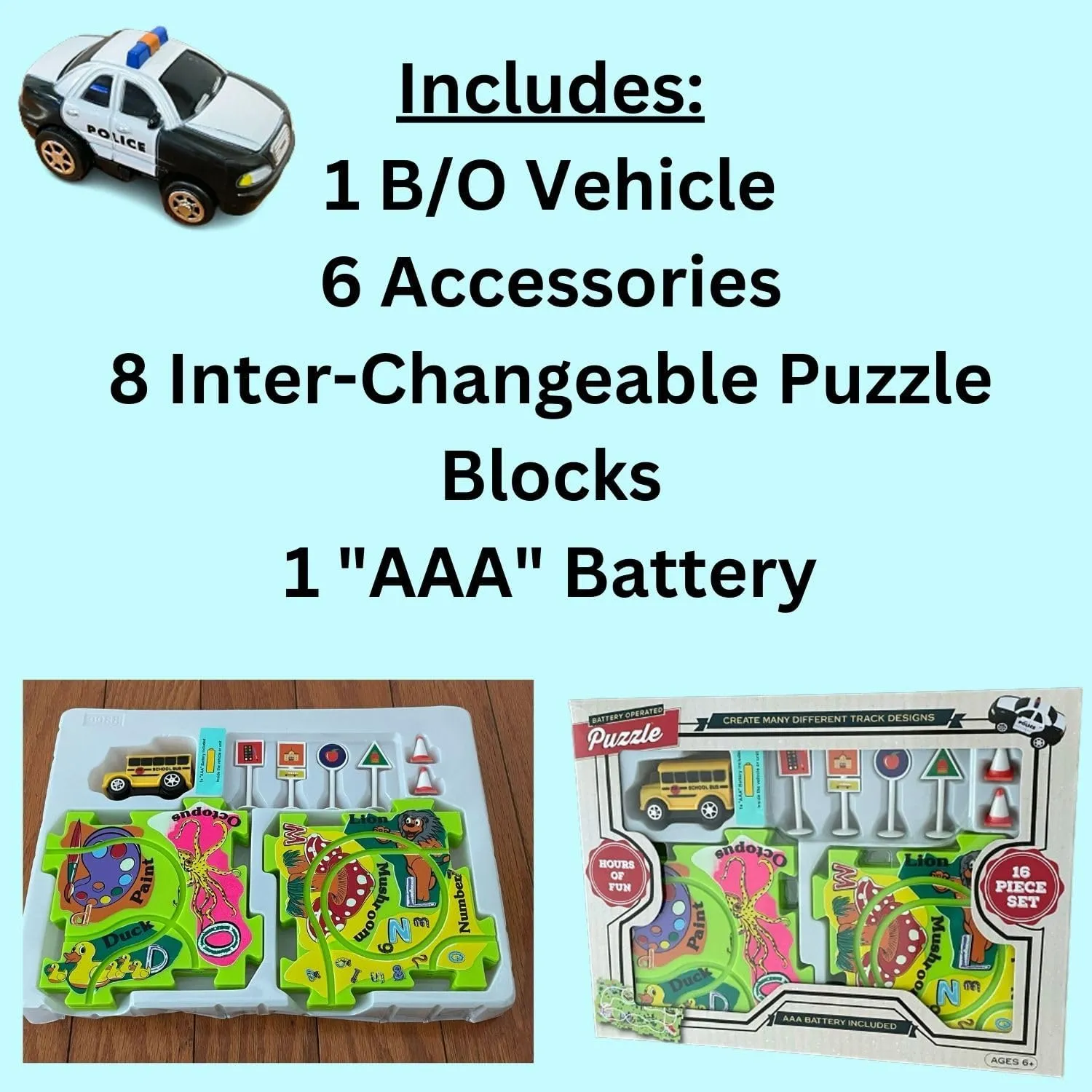 Puzzle Track Play Set - Battery-Operated Toy Vehicle & Floor Puzzle Play Mat - 16 Pc Sets - School Bus Themed Vehicle - Interchangeable Tracks - Create Up To 50 Combinations - by Ideas In Life