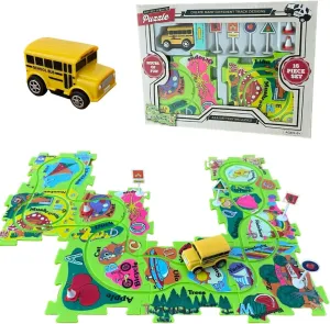 Puzzle Track Play Set - Battery-Operated Toy Vehicle & Floor Puzzle Play Mat - 16 Pc Sets - School Bus Themed Vehicle - Interchangeable Tracks - Create Up To 50 Combinations - by Ideas In Life