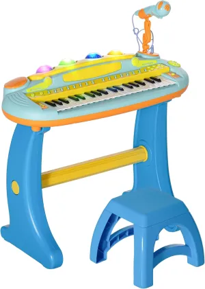 Qaba Kids Piano Toy Keyboard, 37 Key Piano for Toddlers, Electronic Music Educational Instrument with Microphone, Stool, for 3-6 Years, Blue