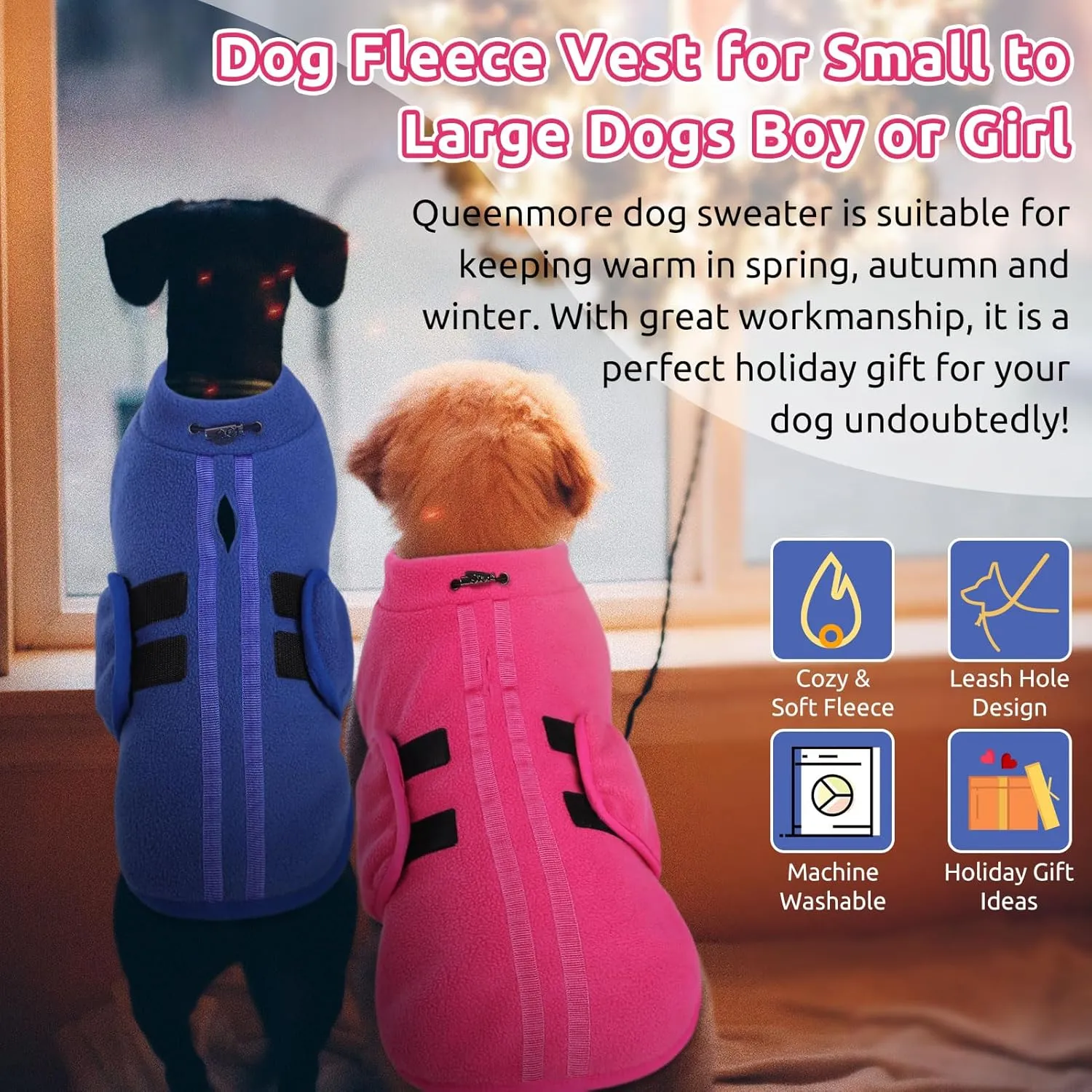 Queenmore Small Dog Sweater, Soft Fleece Vest Pullover Dog Jacket with Leash Hole, Warm Winter Dog Clothes Cold Weather Doggy Dachshund Sweaters for Small Dogs Cats Boy or Girl (Pink, XS)