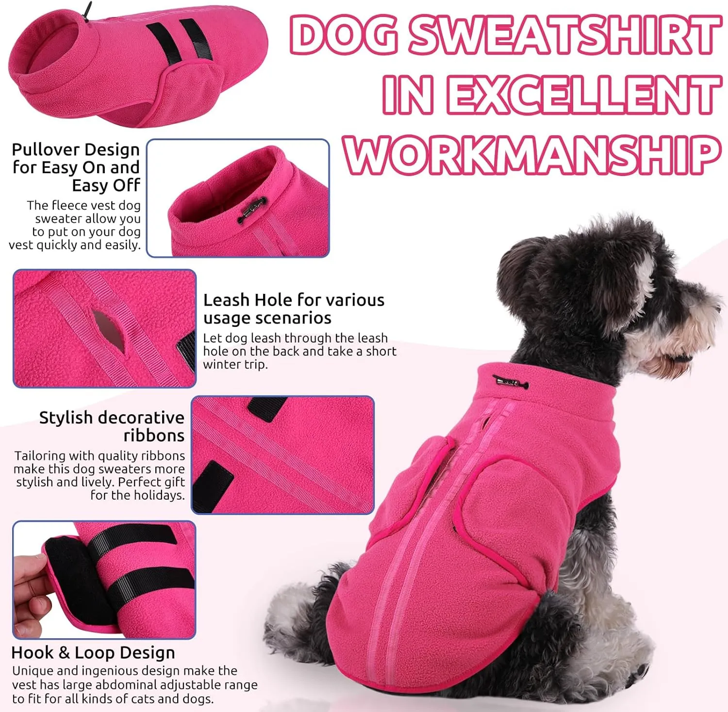 Queenmore Small Dog Sweater, Soft Fleece Vest Pullover Dog Jacket with Leash Hole, Warm Winter Dog Clothes Cold Weather Doggy Dachshund Sweaters for Small Dogs Cats Boy or Girl (Pink, XS)