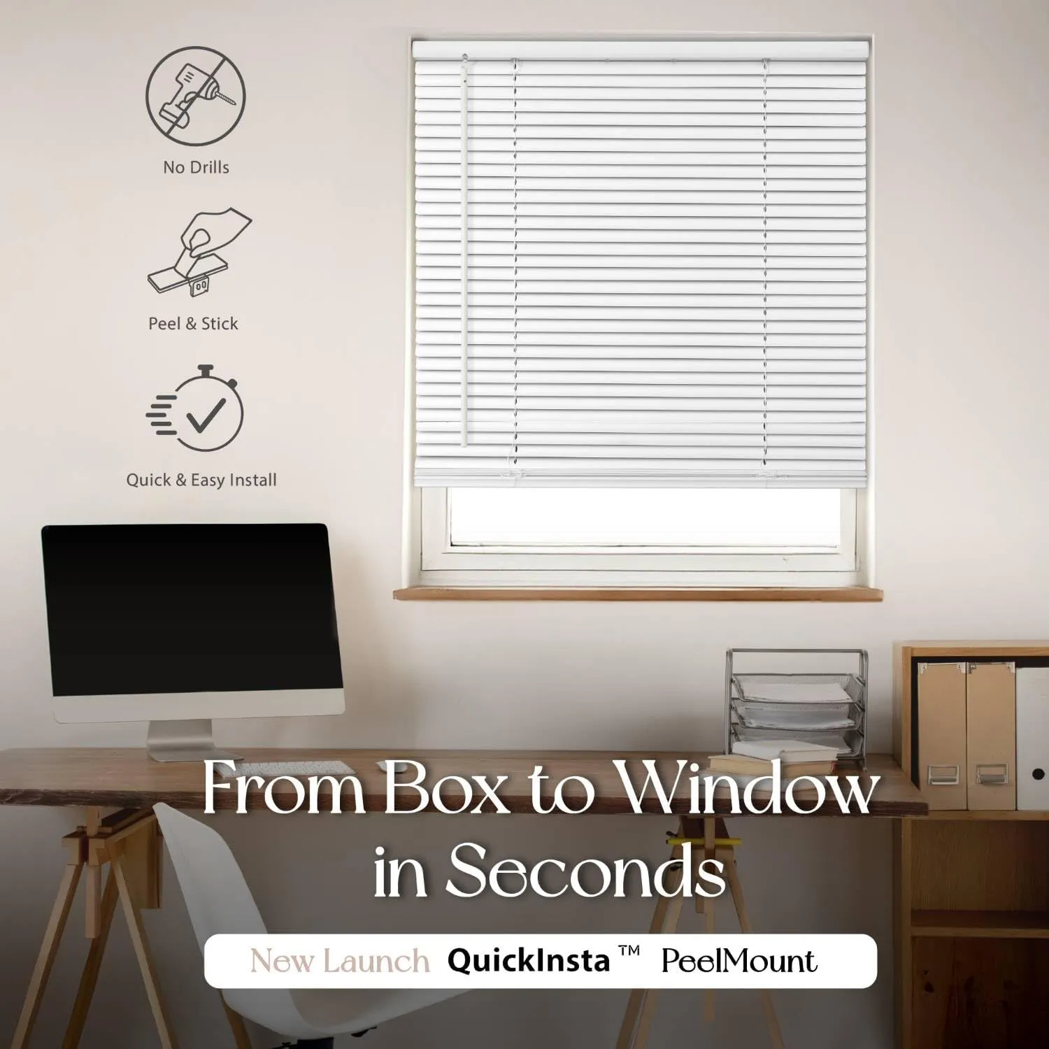 QuickInsta PeelMount No Drill No Tool 1" Cordless Mini Blinds, 23" W x 48" H,White, by Regal estate