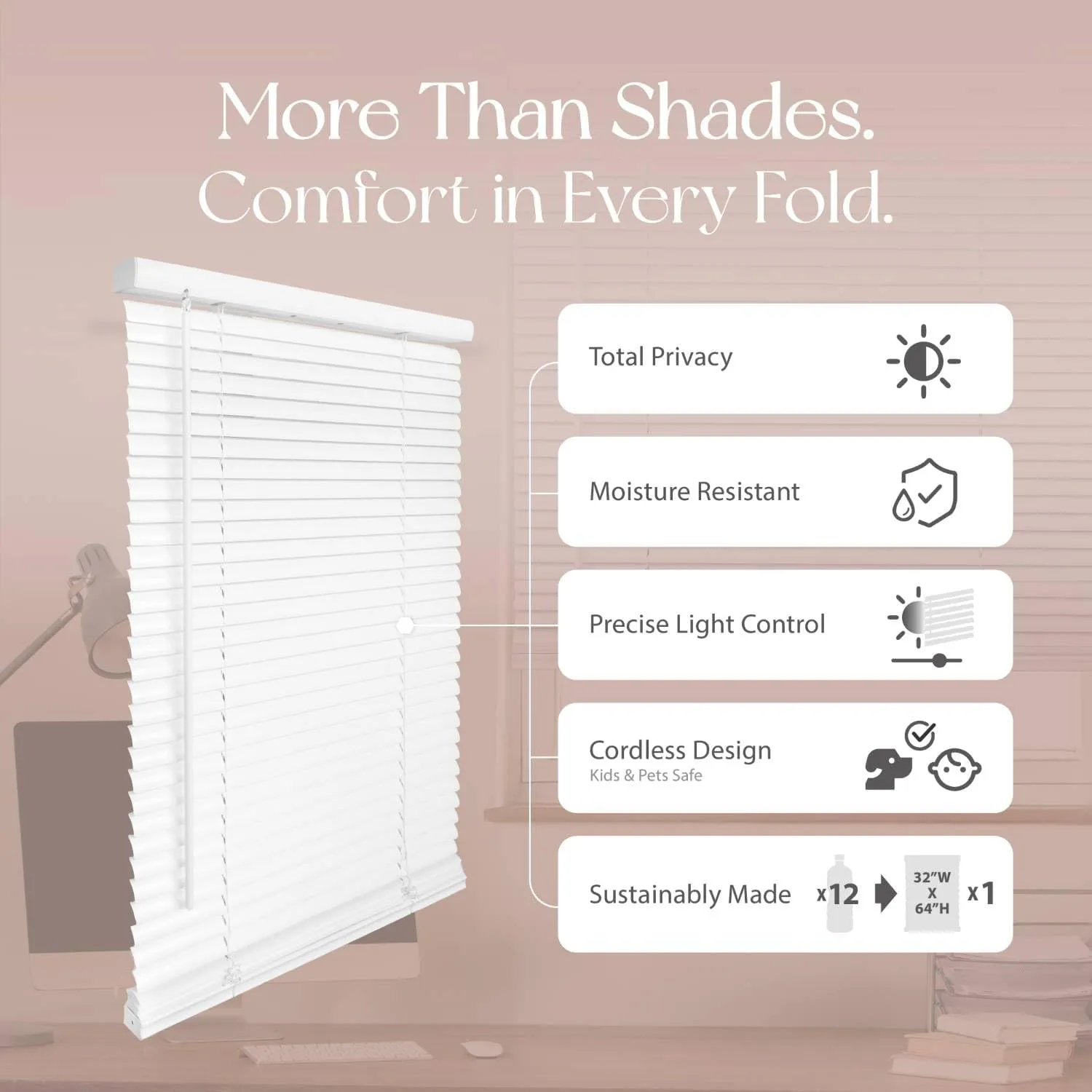 QuickInsta PeelMount No Drill No Tool 1" Cordless Mini Blinds, 23" W x 48" H,White, by Regal estate