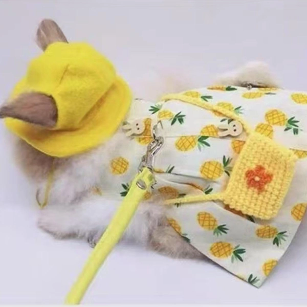 Rabbit Leash and Harness Set - Small Animal Clothes Set Guinea Pig Clothes with Mini Hat and Bag Bunny Vest Harness Small Animal Dress for Rabbit Guinea Pig (Yellow,S)