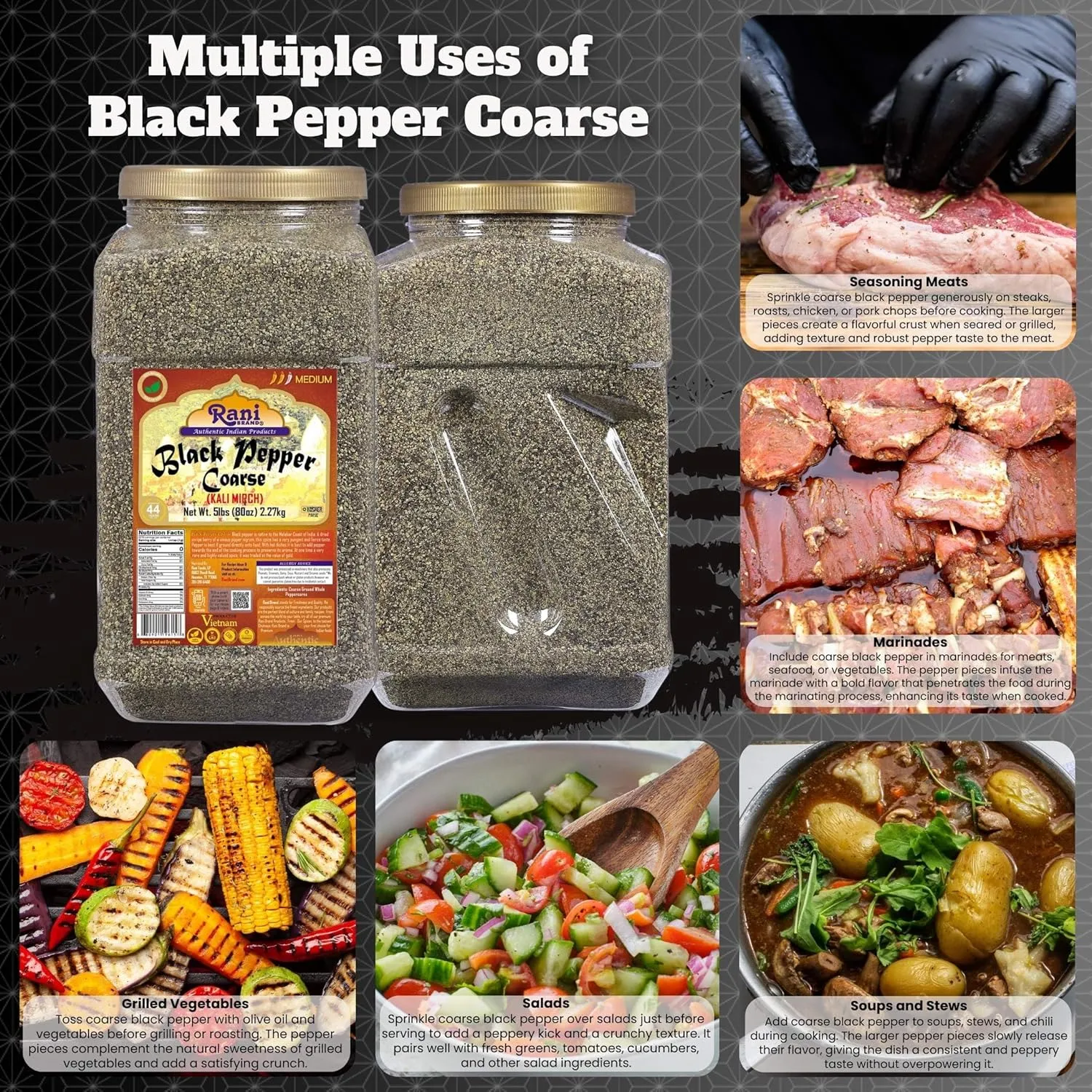 Rani Black Pepper Coarse Ground 28 Mesh (Table Grind), 80oz (5lbs) 2.27kg Bulk PET Jar ~ All Natural | Vegan | Gluten Friendly | NON-GMO | Kosher