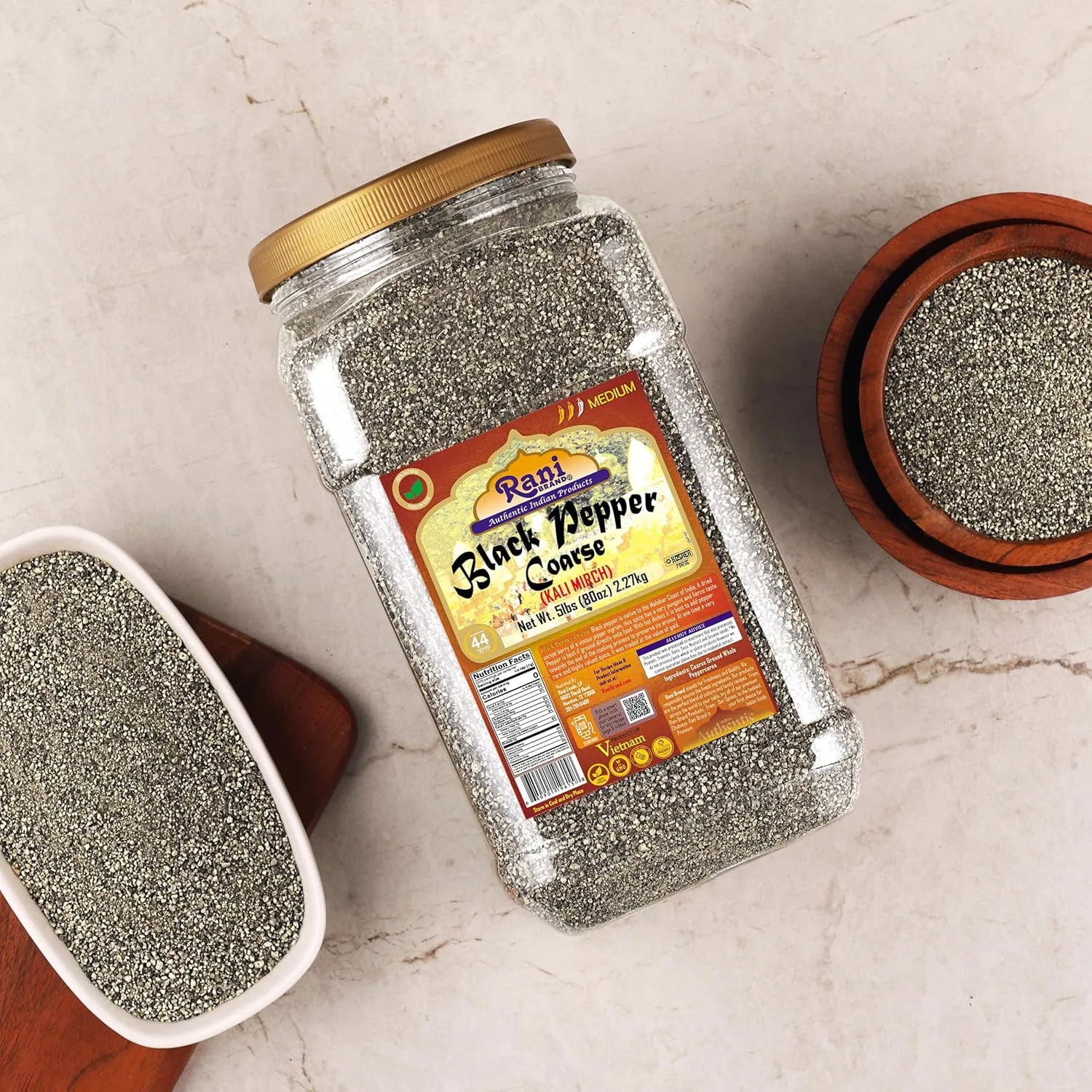 Rani Black Pepper Coarse Ground 28 Mesh (Table Grind), 80oz (5lbs) 2.27kg Bulk PET Jar ~ All Natural | Vegan | Gluten Friendly | NON-GMO | Kosher