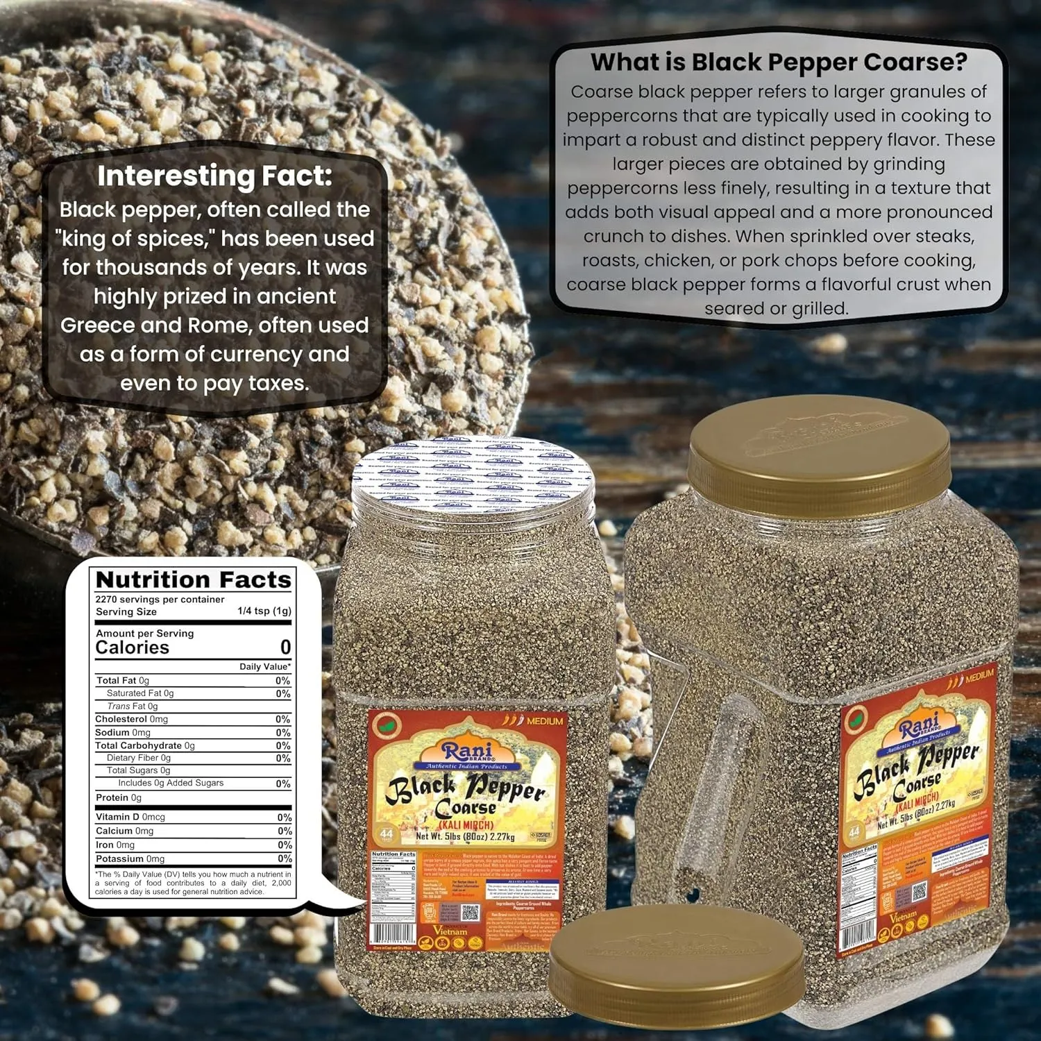 Rani Black Pepper Coarse Ground 28 Mesh (Table Grind), 80oz (5lbs) 2.27kg Bulk PET Jar ~ All Natural | Vegan | Gluten Friendly | NON-GMO | Kosher
