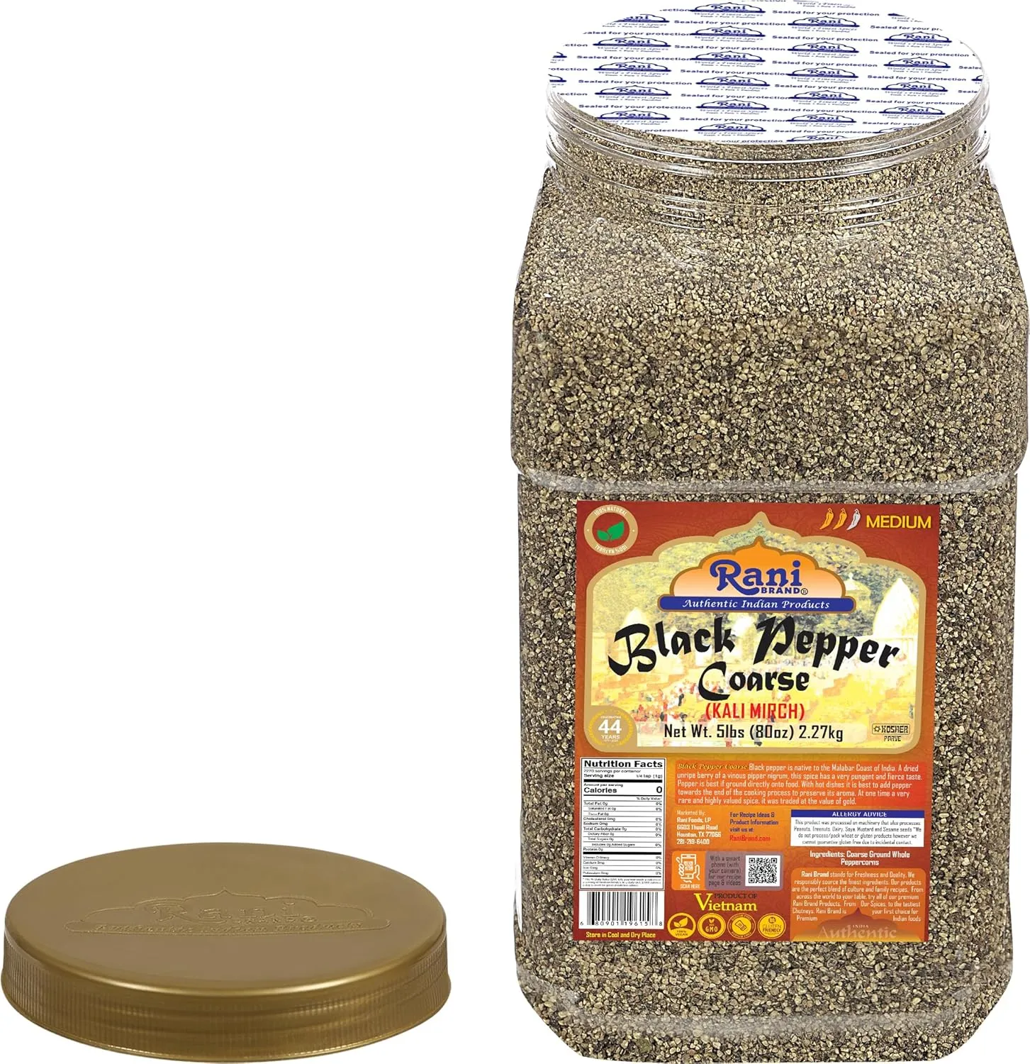 Rani Black Pepper Coarse Ground 28 Mesh (Table Grind), 80oz (5lbs) 2.27kg Bulk PET Jar ~ All Natural | Vegan | Gluten Friendly | NON-GMO | Kosher