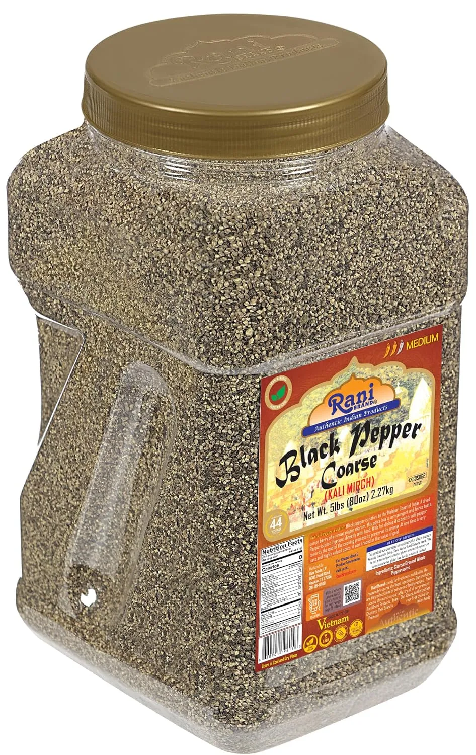 Rani Black Pepper Coarse Ground 28 Mesh (Table Grind), 80oz (5lbs) 2.27kg Bulk PET Jar ~ All Natural | Vegan | Gluten Friendly | NON-GMO | Kosher