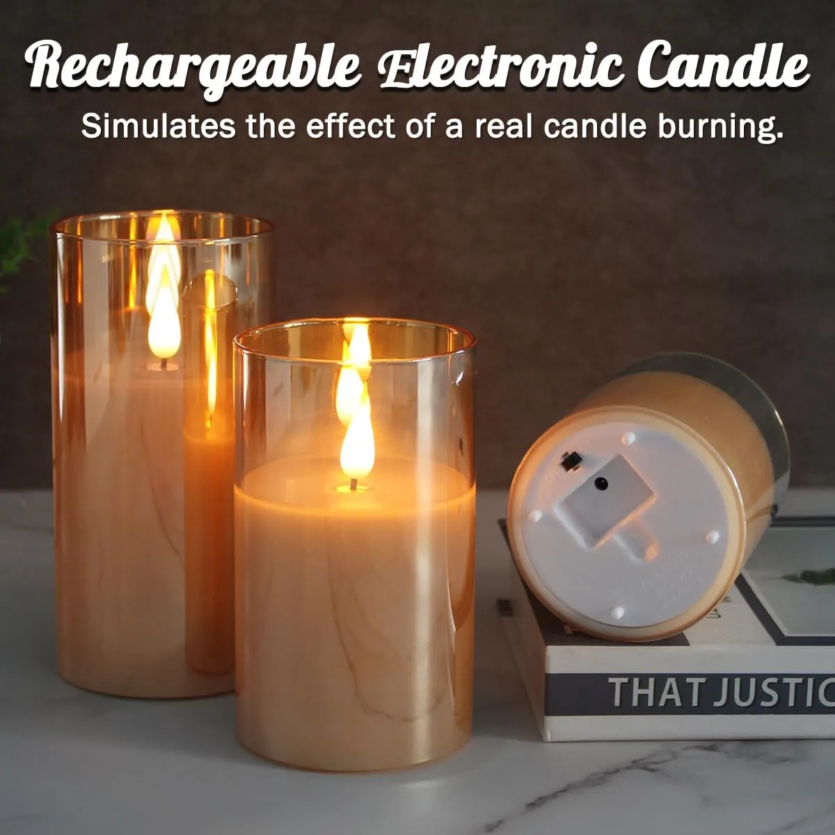 Rechargeable Flameless Candle, Flashing LED Pillar Real Wax Candle with Remote Control and Timer, Upgraded Teardrop Wick, Gold Glass Electronic Candle, 1 Set of 3