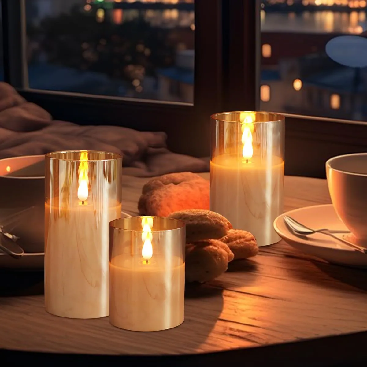Rechargeable Flameless Candle, Flashing LED Pillar Real Wax Candle with Remote Control and Timer, Upgraded Teardrop Wick, Gold Glass Electronic Candle, 1 Set of 3